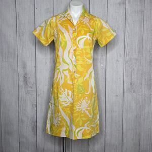 Vintage Lady Bayard Yellow Mod Groovy Psychedelic Tropical Shirt Dress, sz 7/8
